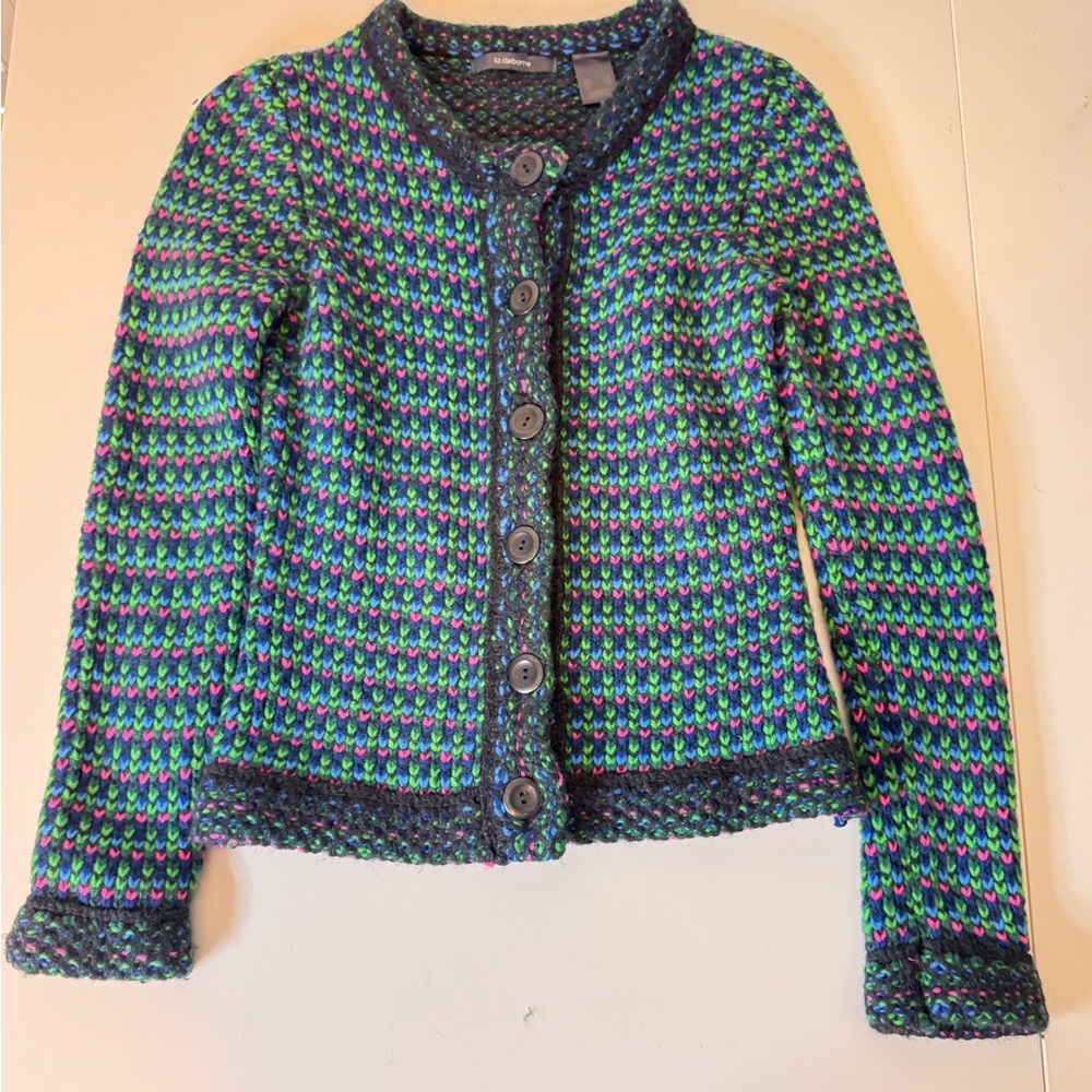 Liz Claiborne Sweater Cardigan Long Sleeve Weaved Black Pink Green Blue S